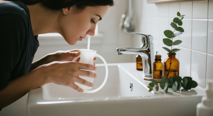 Persona che esegue una corretta pulizia del naso tramite lavaggio nasale con una lota.