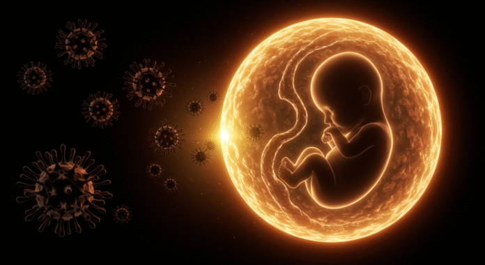 Immagine simbolica di un feto protetto nel grembo materno da una barriera luminosa, a rappresentare l'immunizzazione tramite vaccini materni.