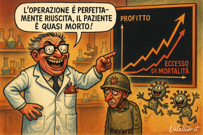 Vignetta satirica che critica la correlazione tra vaccini ed eccesso di mortalità in Giappone, mostrando uno scienziato pazzo e un sistema immunitario inefficace.