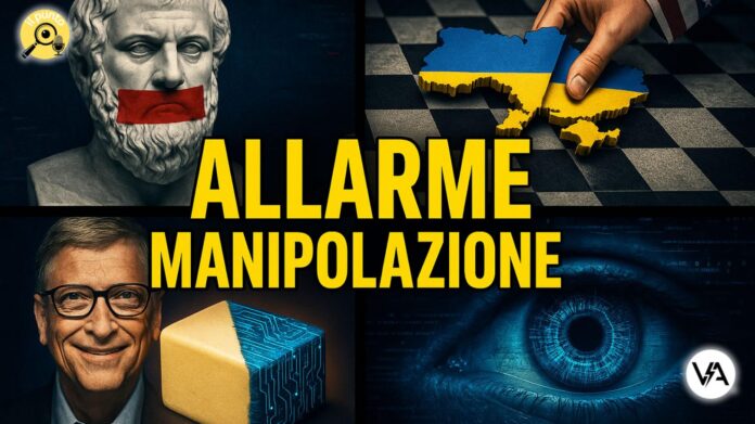 Thumbnail rappresentante la manipolazione globale con immagini sulla scienza imbavagliata, la guerra in Ucraina, il cibo sintetico di Gates e la sorveglianza digitale.