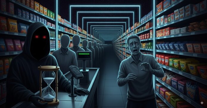 Immagine artistica e surreale di una cassa di supermercato trasformata in un tunnel oscuro, simbolo del complotto.