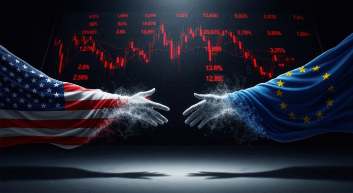 Illustrazione simbolica dell'accordo commerciale fantasma tra USA e UE, con una stretta di mano spettrale che si dissolve.