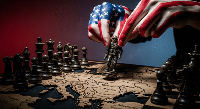 Un burattinaio con mani a stelle e strisce muove un soldato su una scacchiera, a simboleggiare lo smembramento dell'Ucraina pilotato dagli USA.