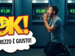 Uomo disperato confronta le nuove commissioni bancomat variabili dell'UE su diversi sportelli ATM.