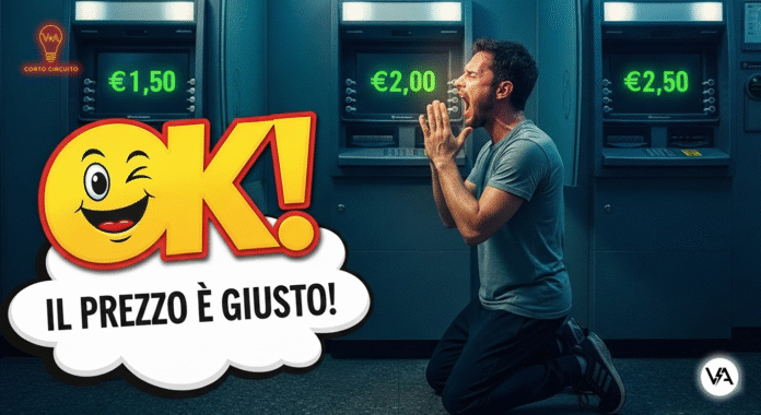 Uomo disperato confronta le nuove commissioni bancomat variabili dell'UE su diversi sportelli ATM.