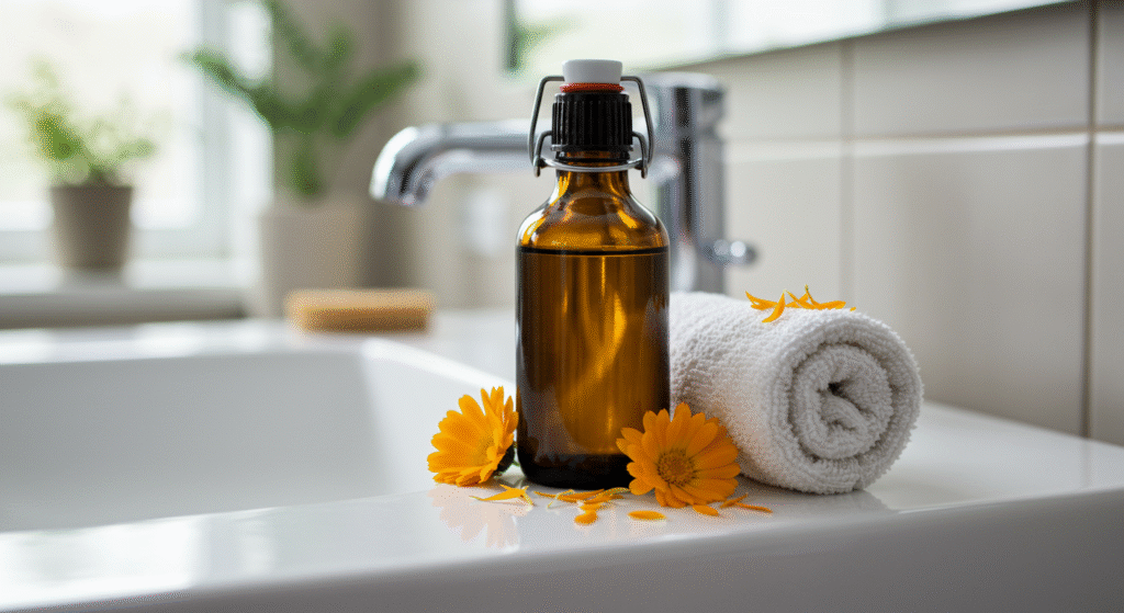 Flacone di vetro scuro contenente un detergente intimo naturale fatto in casa, posizionato in un bagno luminoso e pulito.