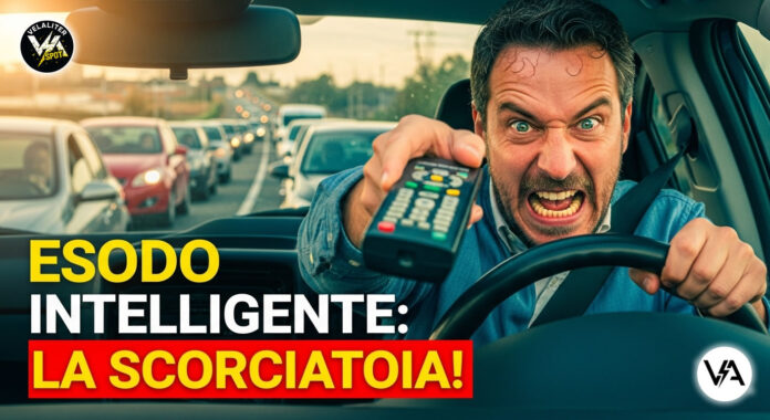 Uomo disperato nel traffico punta un telecomando, immagine satirica che rappresenta la truffa dell'esodo intelligente.