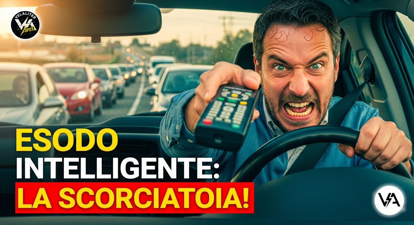 Esodo Intelligente: La Scorciatoia! Uomo disperato nel traffico punta un telecomando, immagine satirica che rappresenta la truffa dell'esodo intelligente.