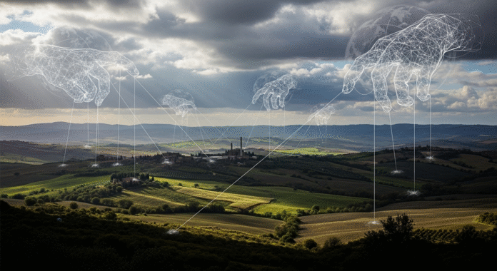 Paesaggio italiano con fili invisibili che lo collegano a un potere superiore, a simboleggiare la perdita di sovranità delle Zone Economiche Speciali.