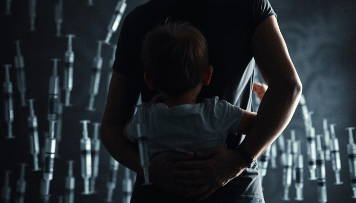 Un genitore abbraccia un bambino per proteggerlo da molte siringhe che incombono su di loro, simbolo dell'esitazione vaccinale.