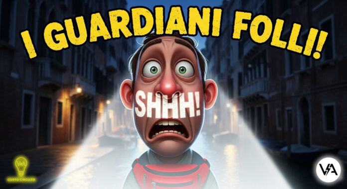 Miniatura satirica sui guardiani elettronici di Venezia con un turista spaventato da un 'SHHH!' luminoso.