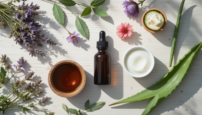 Ingredienti naturali per il trattamento della tigna, tra cui olio di tea tree, lavanda, neem, cocco e aloe vera, disposti attorno a una boccetta.