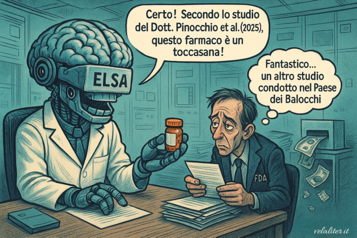 Vignetta satirica sull'intelligenza artificiale ELSA che, vestita da medico, mente a un funzionario della FDA inventando studi scientifici inesistenti.