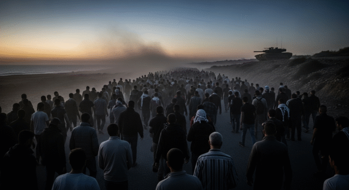 Civili palestinesi in marcia forzata all'alba per ricevere aiuti umanitari, con un carro armato sullo sfondo.