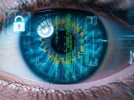 Primo piano di un occhio umano durante una scansione dell'identità digitale, a rappresentare la perdita della privacy e la censura.