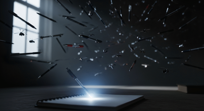 Immagine artistica di uno sciame di penne spia che volano in un ufficio.