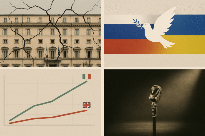 Collage con le principali notizie del 21 agosto 2025: tensioni nel governo italiano, vertice per la pace in Ucraina, sorpasso del PIL italiano e omaggio a Pippo Baudo.