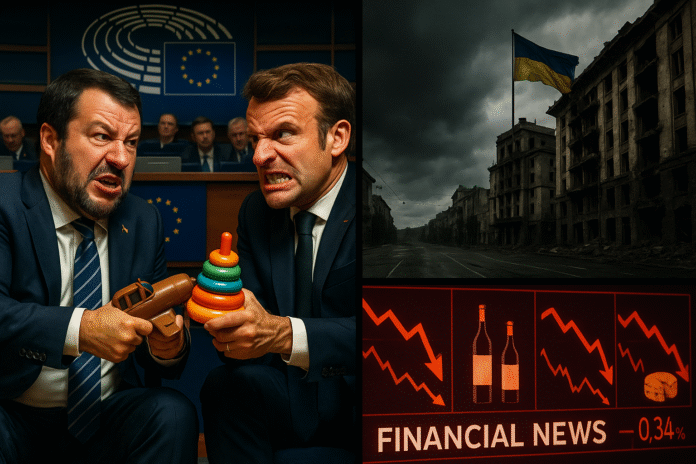 Collage satirico con Salvini e Macron che litigano, una bandiera ucraina a Kiev e un grafico finanziario con vino e formaggio.