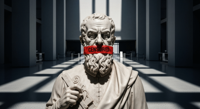 Statua di scienziato con la bocca imbavagliata da nastro rosso, simbolo del dissenso scientifico soffocato nel caso NITAG.