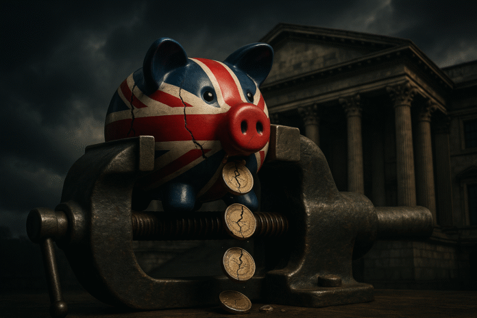 Salvadanaio con bandiera UK schiacciato in una morsa a simboleggiare le nuove tasse sulle banche.