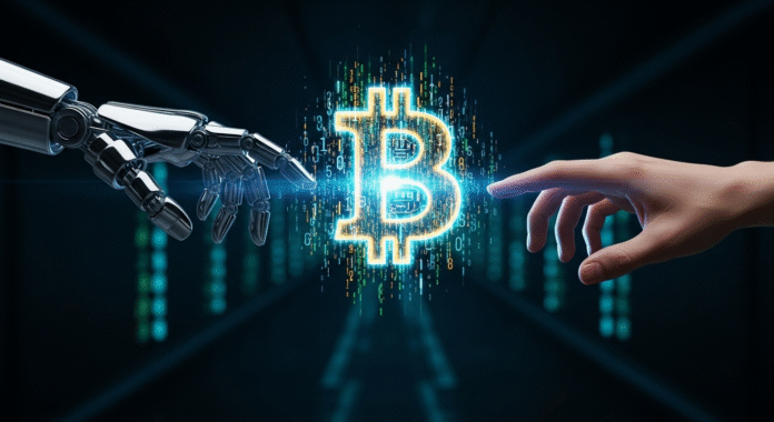 Due mani si scambiano un Bitcoin olografico basato su prova crittografica, a simboleggiare una transazione peer-to-peer senza intermediari.