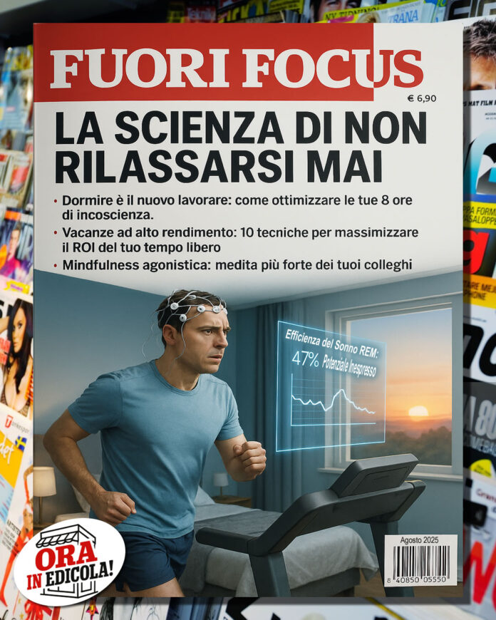 Copertina della rivista satirica FUORI FOCUS che prende in giro l'ossessione per l'ottimizzazione personale, con un uomo che corre su un tapis roulant in camera da letto.