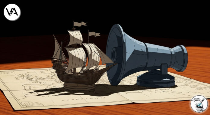 Vignetta satirica sulla Flotilla: su una mappa nautica, una nave della pace è bloccata da un megafono che rappresenta la diplomazia italiana e il dialogo con la flotilla.