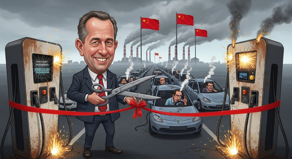 Caricatura di un politico che inaugura colonnine di ricarica rotte davanti a una coda di auto elettriche ferme, a critica della transizione ecologica europea.