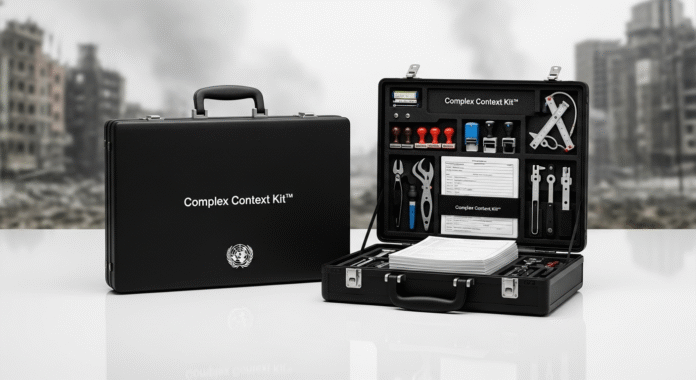 Due valigette 'Complex Context Kit' su sfondo di guerra. Una, chiusa, con logo ONU; l'altra, aperta, mostra la paralisi burocratica con nastro rosso e moduli.