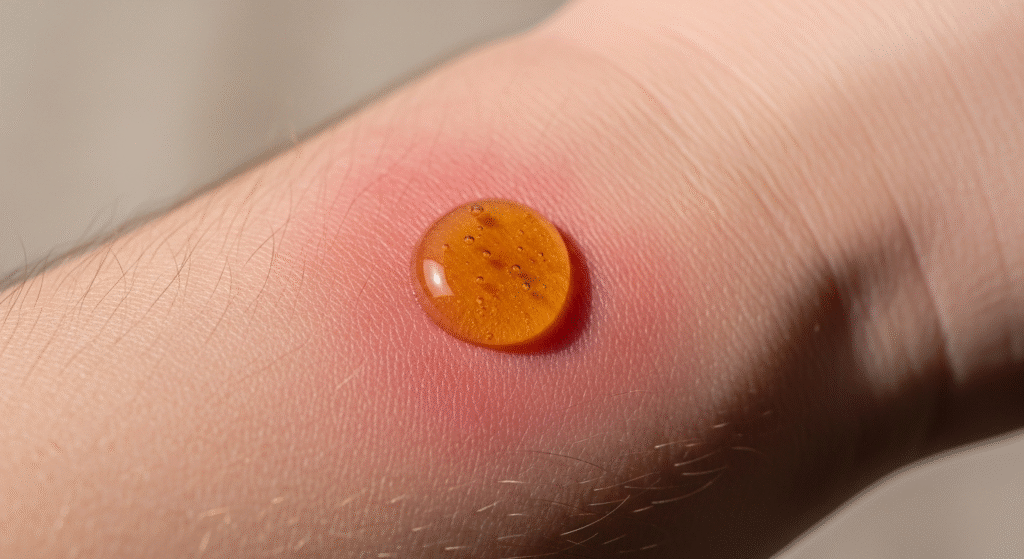 Applicazione di miele grezzo come rimedio naturale per la dermatite da contatto su un polso irritato.