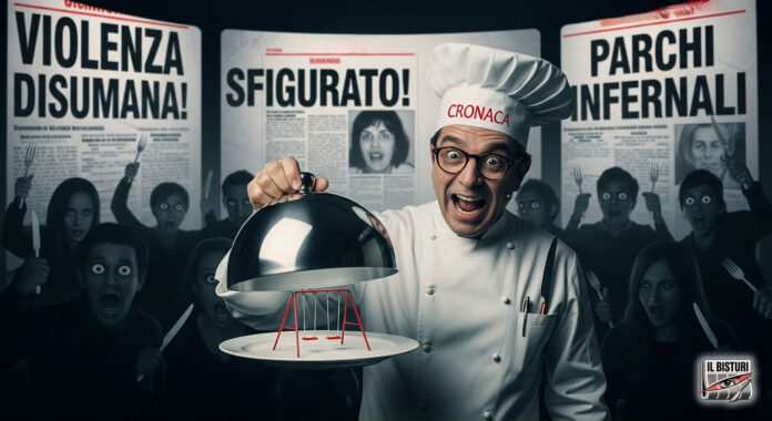 Vignetta satirica sulla spettacolarizzazione della cronaca nera: un giornalista vestito da chef serve un'aggressione in un parco come un piatto a un pubblico affamato di notizie shock.