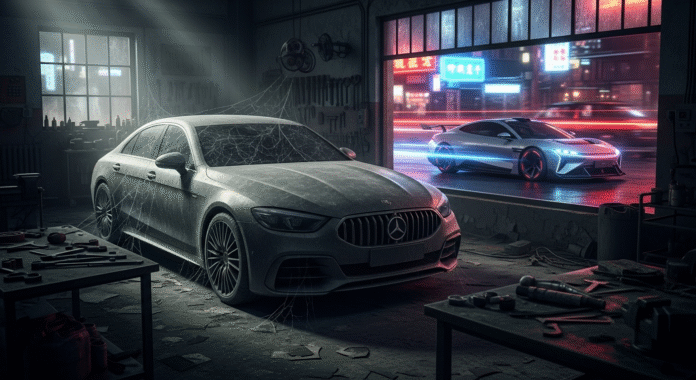 Auto europea ferma in un'officina buia mentre un'auto elettrica cinese sfreccia all'esterno, a simboleggiare il declino dell'industria UE.