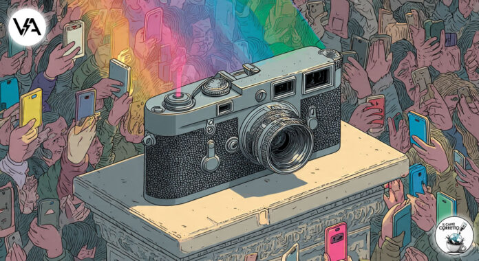 Vecchia macchina fotografica di Mimmo Jodice circondata da smartphone, a simboleggiare la sua arte.
