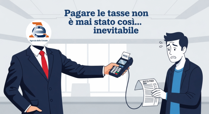 Illustrazione satirica sui pignoramenti automatici dell'Agenzia delle Entrate che preleva soldi direttamente dallo stipendio.