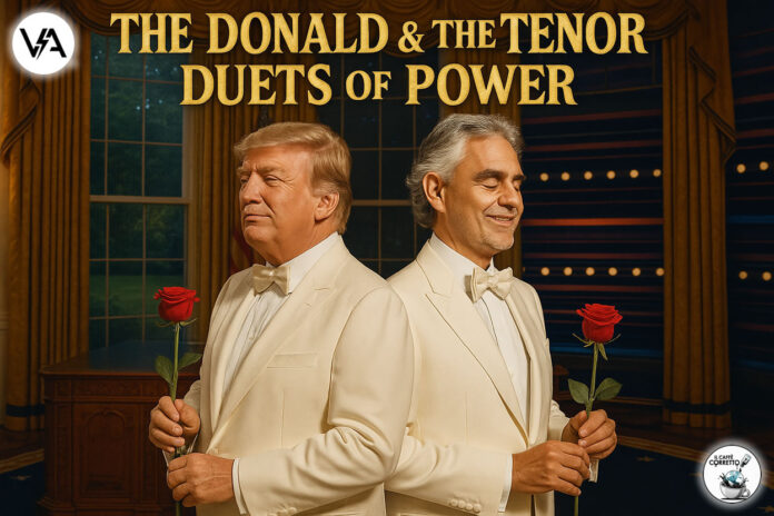 Copertina di un album fittizio con Andrea Bocelli e Donald Trump vestiti con smoking bianchi, a rappresentare l'incontro alla Casa Bianca.