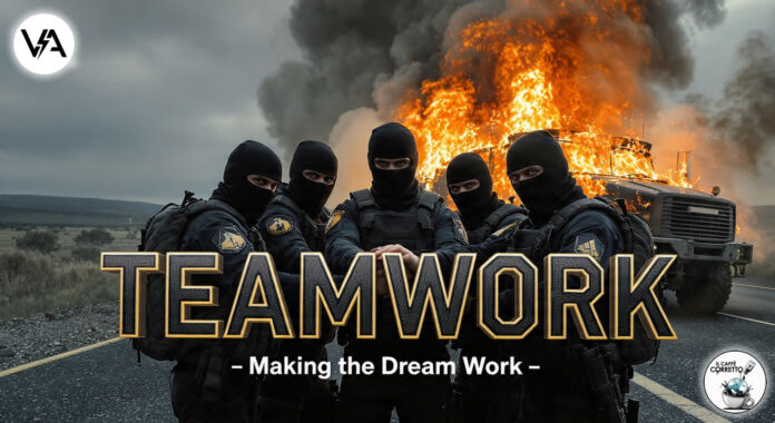 Parodia satirica dell'assalto al portavalori in A14, rappresentato come un esercizio di team building aziendale.