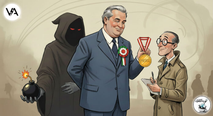 Illustrazione satirica sull'attentato a Sigfrido Ranucci che mostra l'ipocrisia della politica.