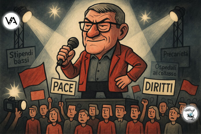 Vignetta satirica di un corteo CGIL, Landini su un palco tra manifestanti-cartelloni che ignorano problemi reali.