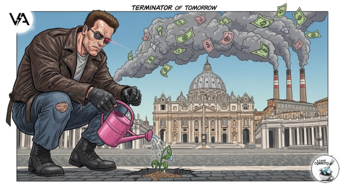 Vignetta satirica di Schwarzenegger in Vaticano per il clima, vestito da Terminator che innaffia una piantina mentre l'industria inquina.