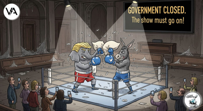 Vignetta satirica sullo shutdown USA: un asino democratico e un elefante repubblicano fanno una lotta di cuscini in un Campidoglio chiuso, mentre i turisti scattano foto.