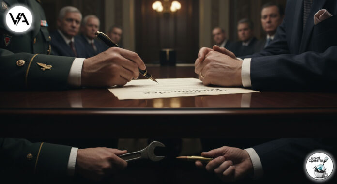 Vignetta satirica sulla tregua di Gaza, con leader che firmano un accordo di pace mentre di nascosto si preparano al prossimo conflitto, simbolo della pace fittizia.