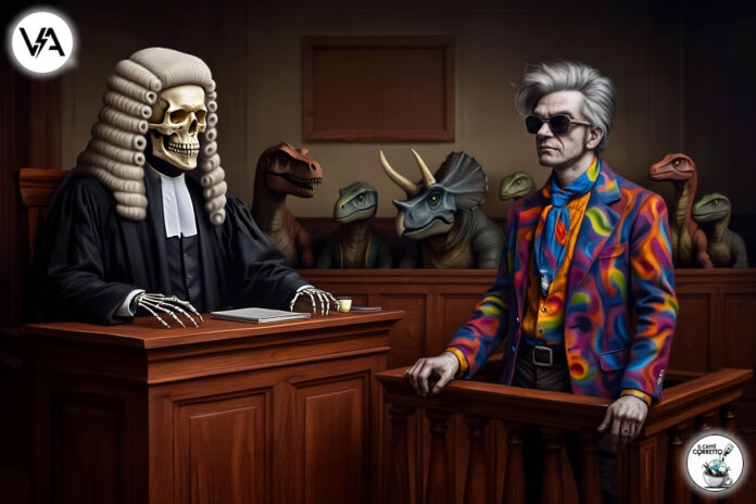 Parodia satirica del processo a Morgan, rappresentato in un'aula di tribunale preistorica per sottolineare la lentezza della giustizia.