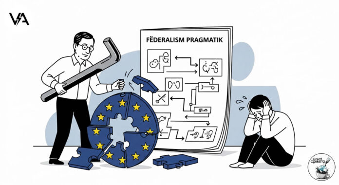 Illustrazione satirica del federalismo pragmatico di Draghi come un complicato mobile IKEA da montare.