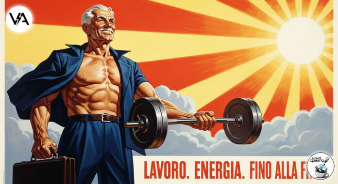 Poster satirico di propaganda che celebra la nuova età pensione 2050, con un anziano eroico che lavora e si allena.