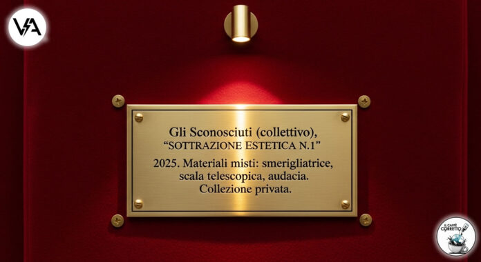 Una targhetta da museo satirica che descrive il furto dei gioielli al Louvre come un'opera d'arte contemporanea.