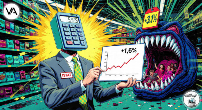 Vignetta satirica sull'inflazione e il carrello della spesa, con un uomo ISTAT che mostra dati rassicuranti mentre un carrello mostruoso insegue una famiglia.