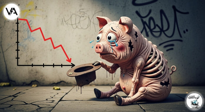 Satira sugli italiani che risparmiano meno, con un salvadanaio povero che chiede l'elemosina.