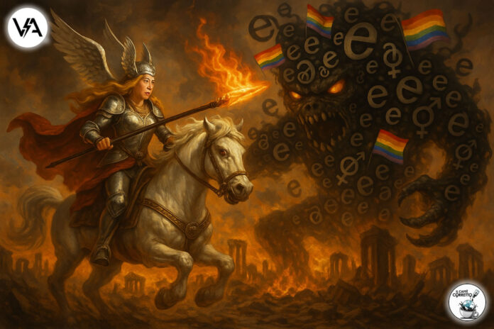 Illustrazione satirica di Giorgia Meloni come una guerriera che combatte il mostro della cultura woke.