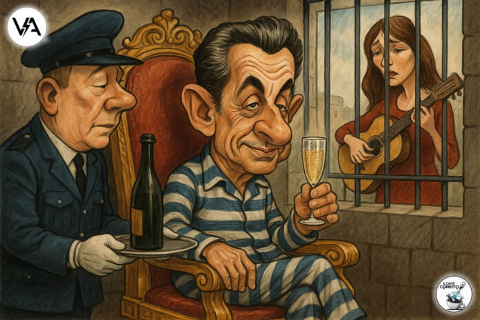 Nicolas Sarkozy in carcere, rappresentato in una vignetta satirica in una cella di lusso.