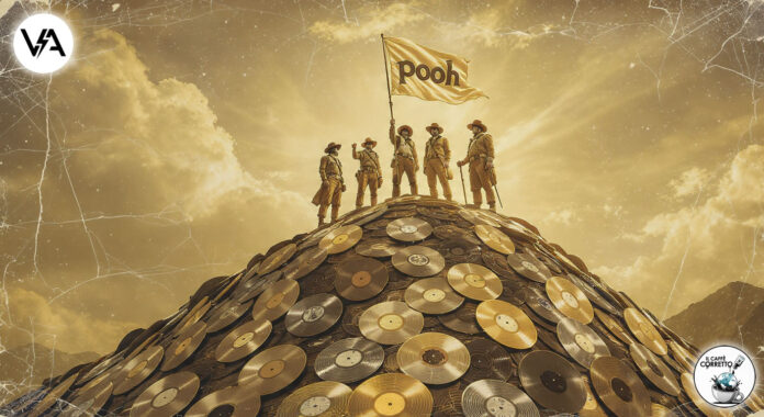 Satira sui Pooh che celebrano 60 anni di carriera, rappresentati come esploratori su una montagna di successi.